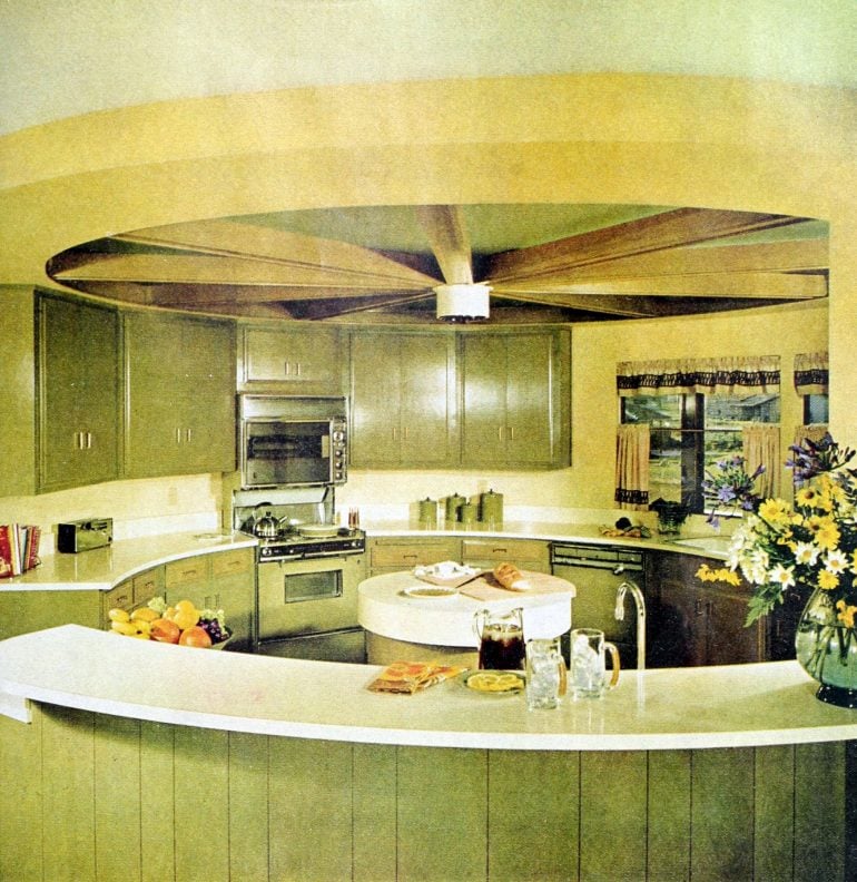 1960s retro circular kitchen with round island in the middle