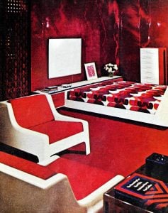 A bright red neocontemporary living room bedroom 1960s