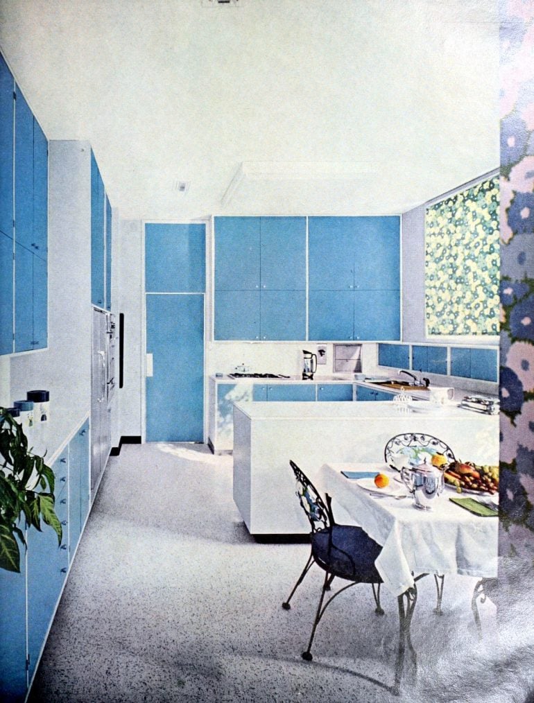 A cheery countrified white and sky blue kitchen from 1965