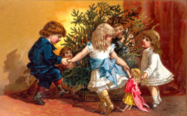 Antique Victorian Christmas card - kids around decorated tree (2)