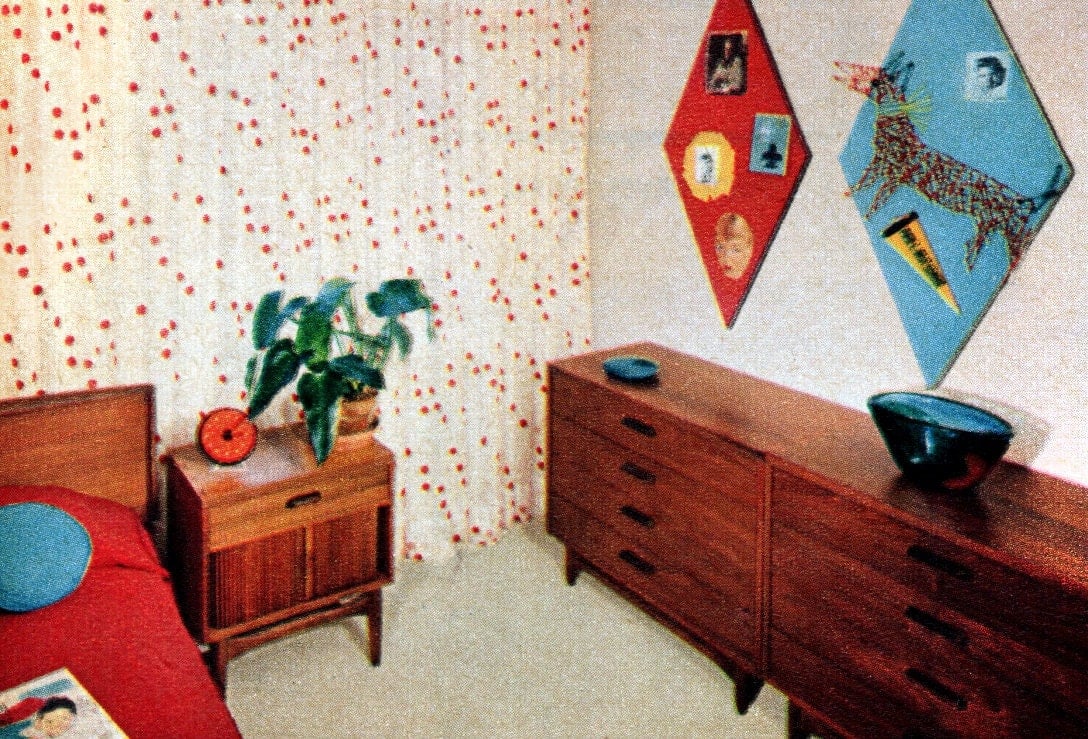 Furnished bedroom in typical prefab home from the '50s