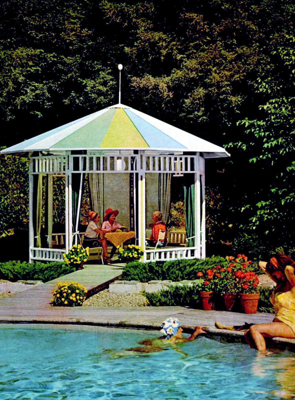 Cute white backyard pavilion by the pool from 1967