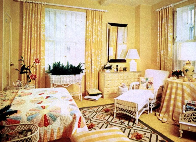 Golden yellows plus pastels made for cheerful bedroom decor (1967)