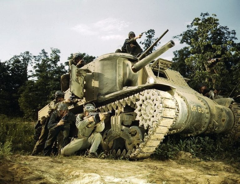 M-3 tank and crew using small arms, Ft. Knox, Ky