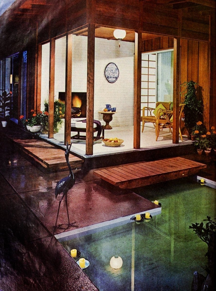 Modernist backyard pond and decking from 1960