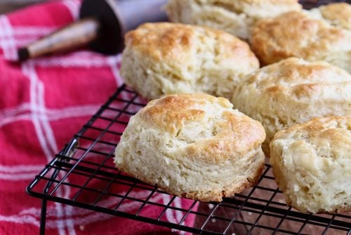 Old-fashioned baking powder biscuit recipe on a cooling rack