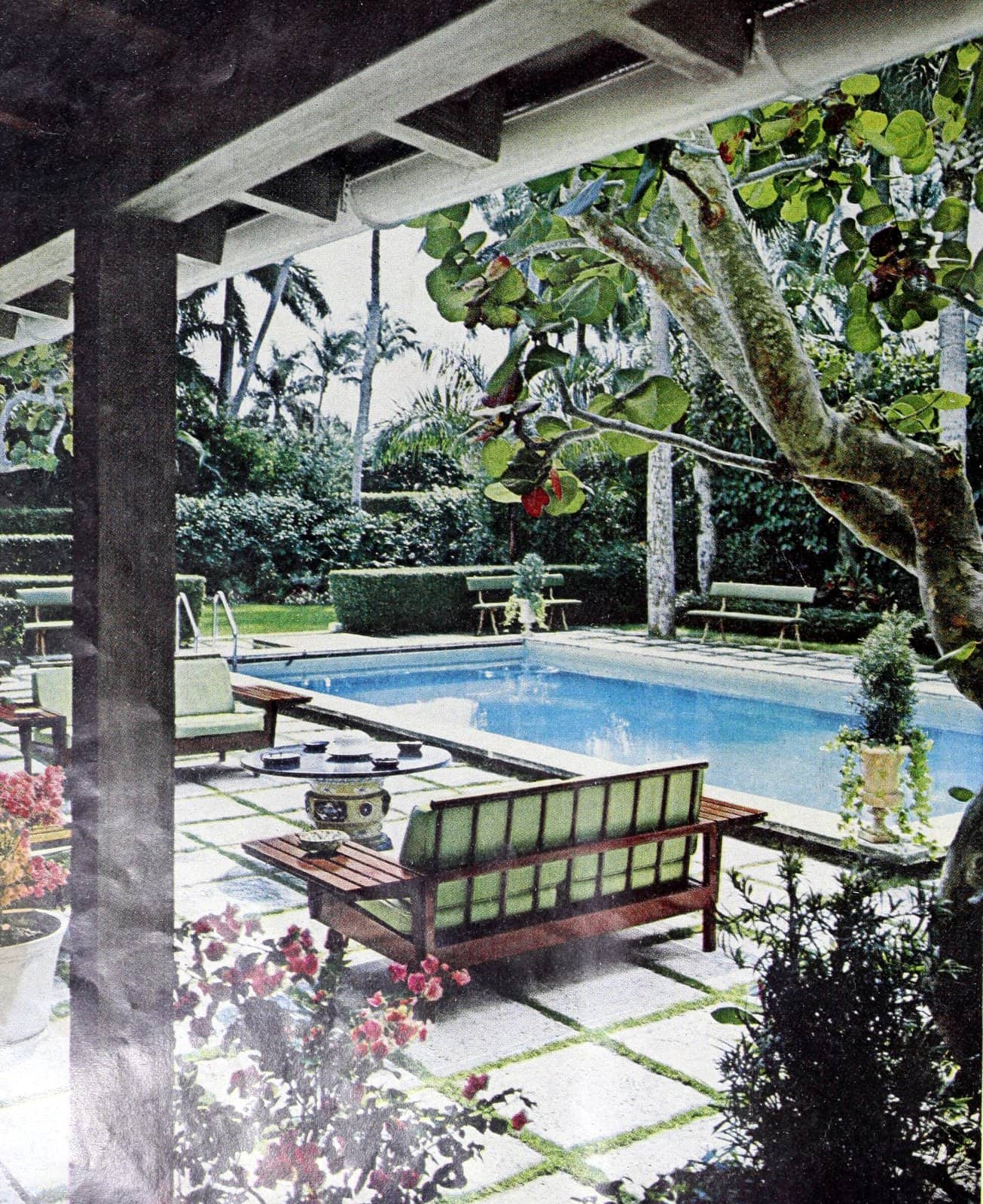 Serene pool and backyard scene in Palm Beach (1969)