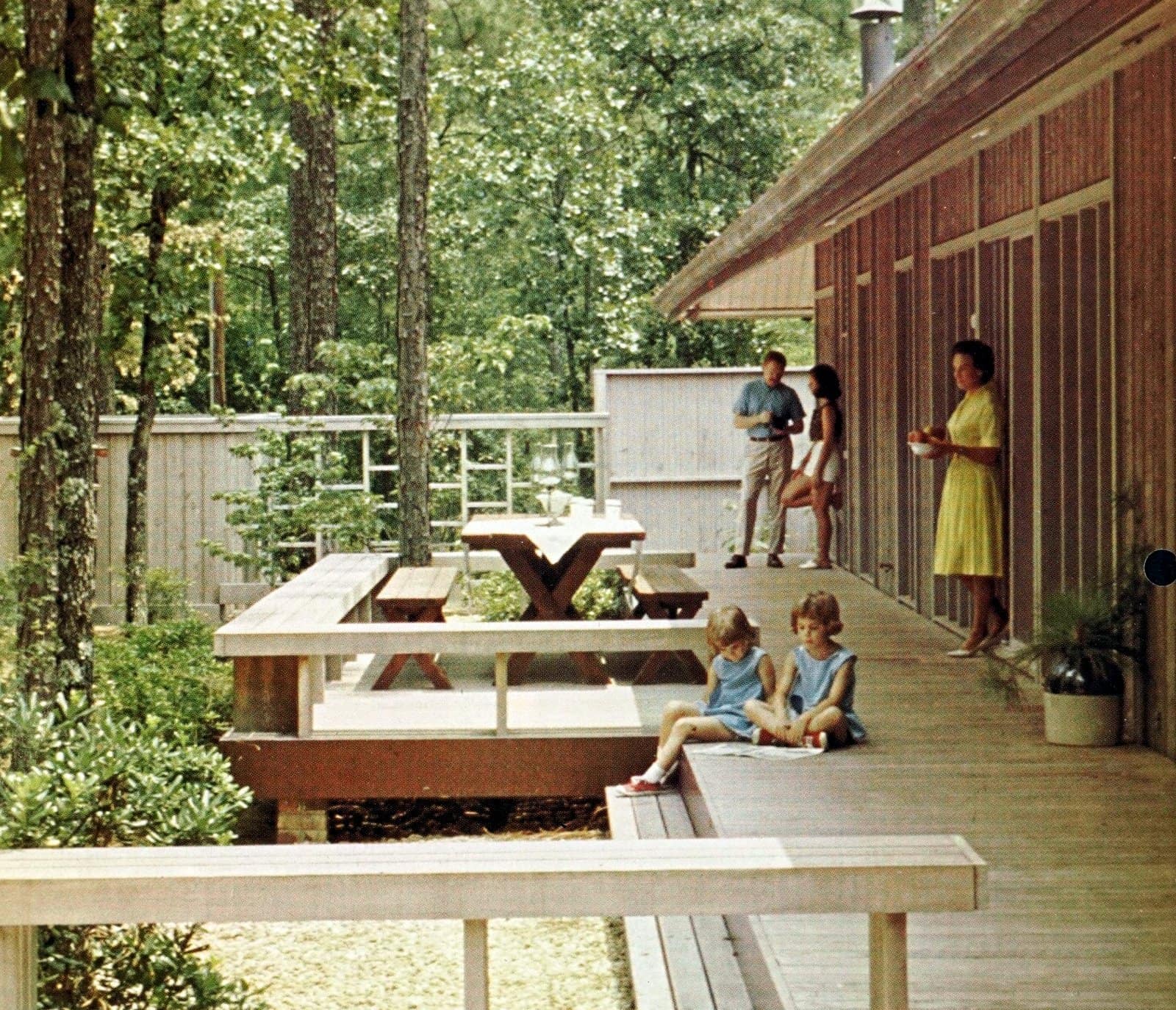 Simple classic deck design, complete with a bench railing (late 60s)