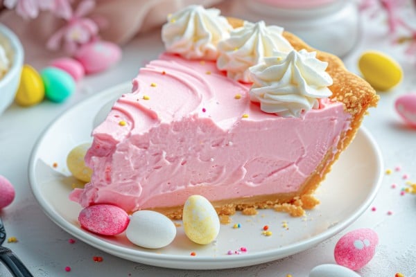 Slice of Pink cool n easy Easter pie retro recipe at ClickAmericana com