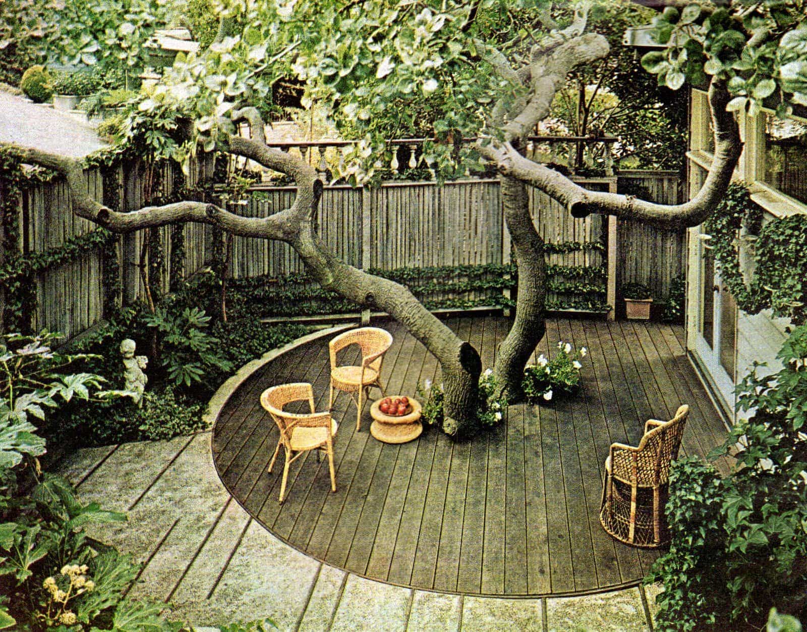 Small backyard with private deck built around a tree - Vintage landscaping from 1966