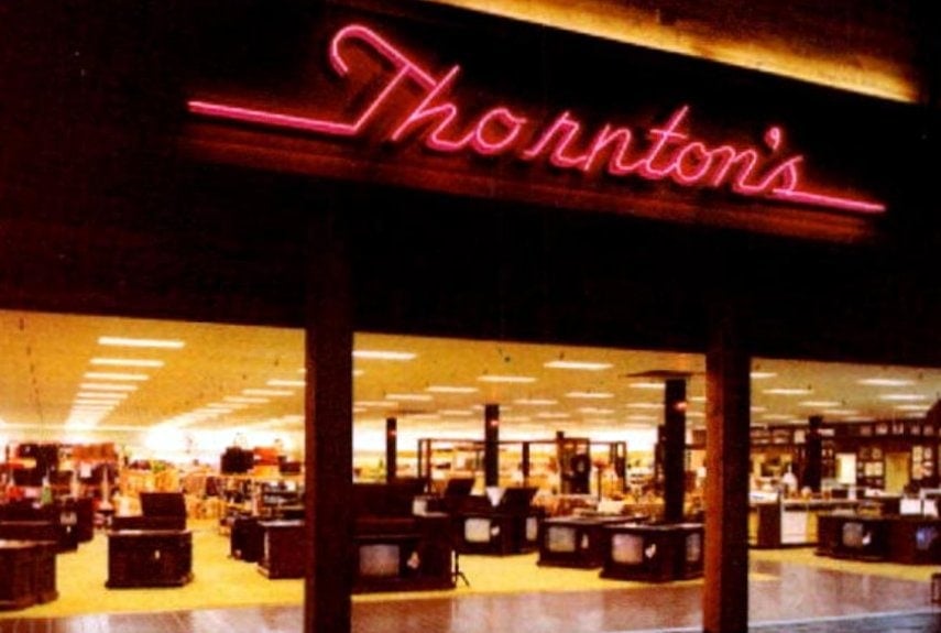 Thornton's mall store with old TV sets (1977)