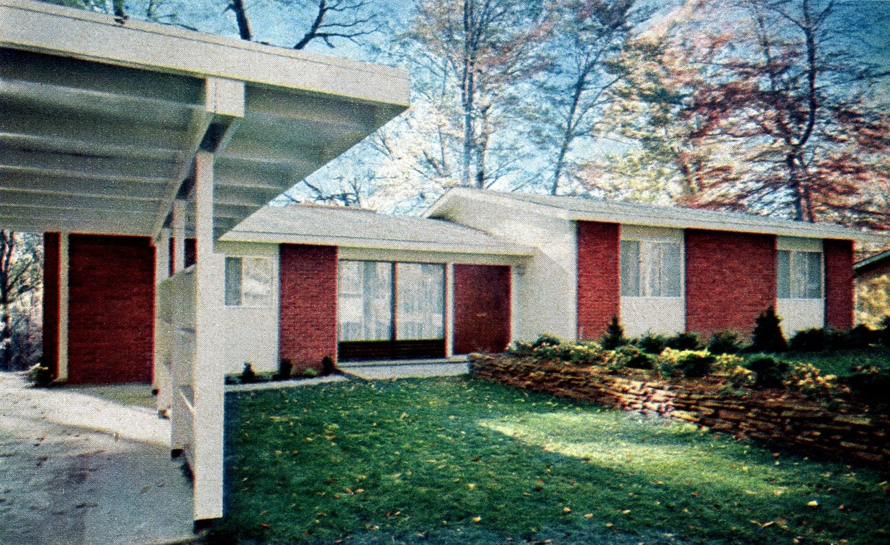 Typical 1950s suburban home - front entrance and carport