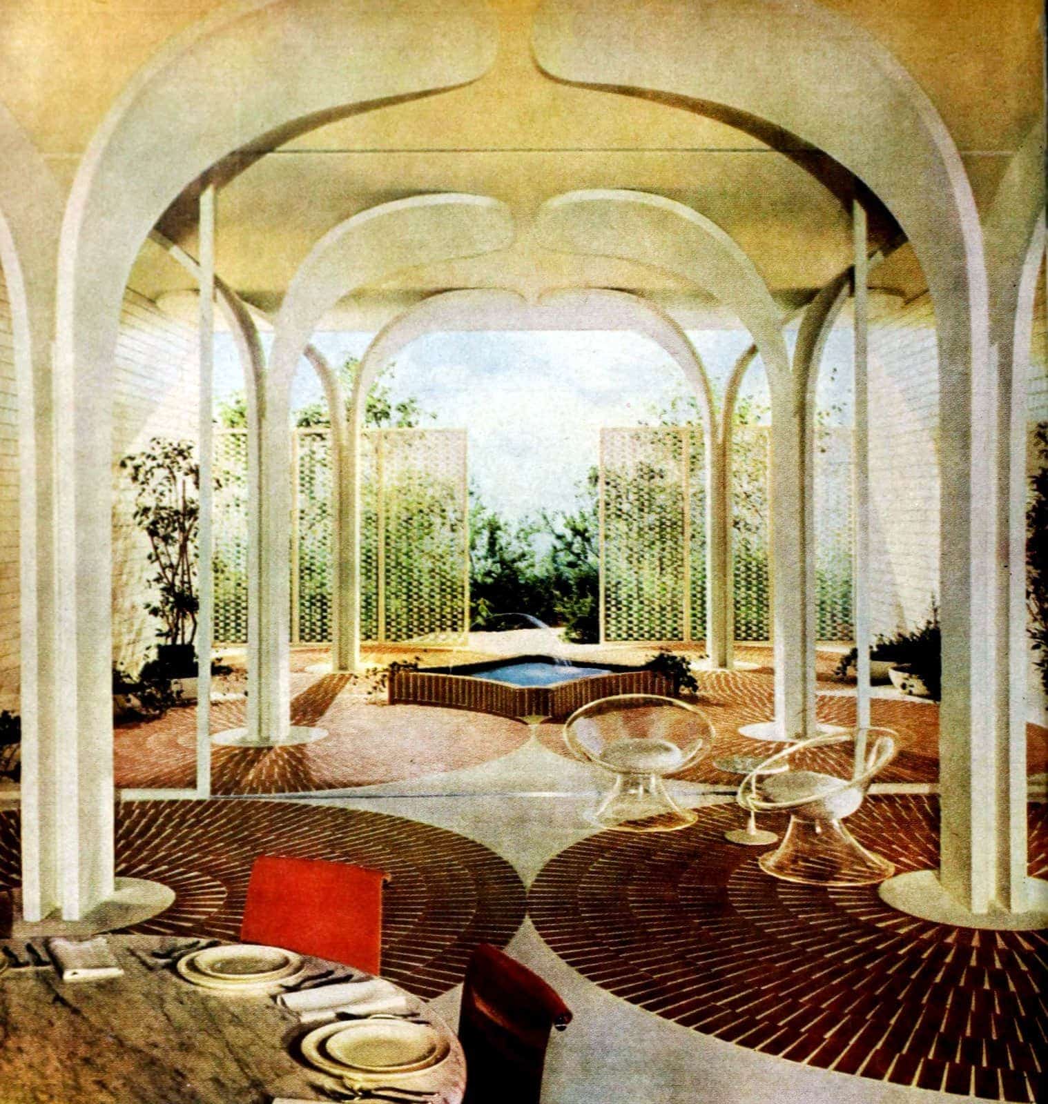 Unique arched covered luxurious backyard area from 1960