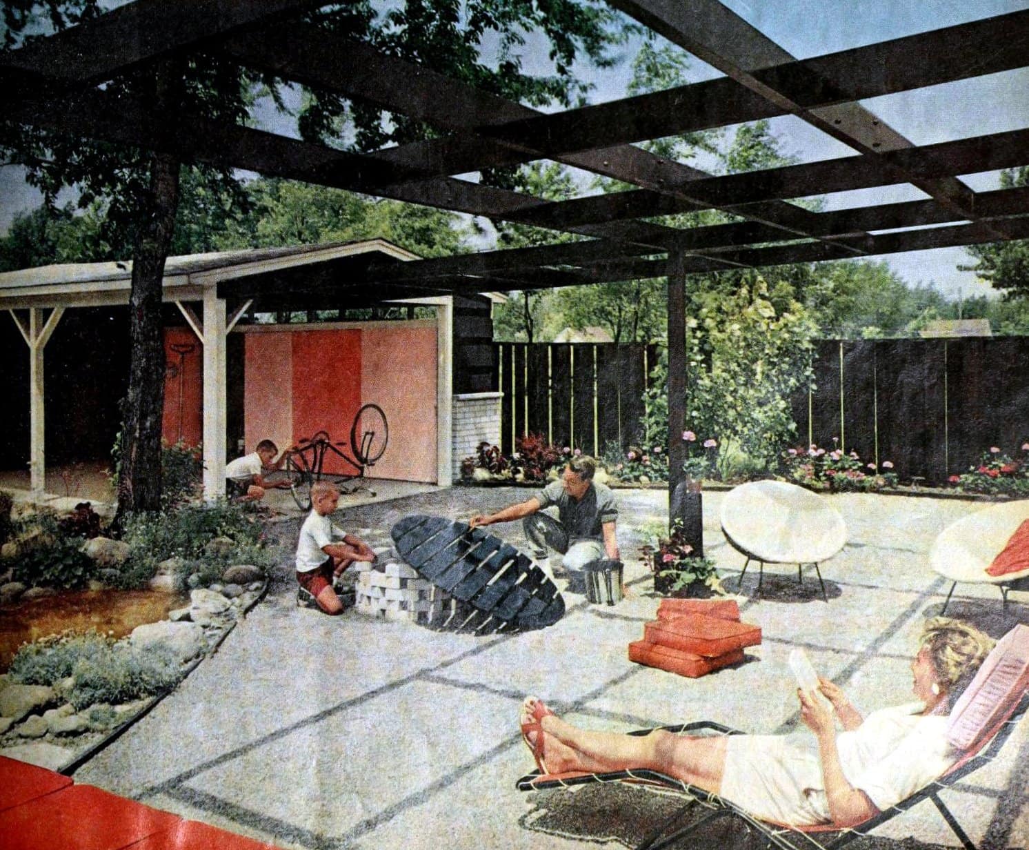 Vintage backyard patio with open trellis and BBQ pit (1960