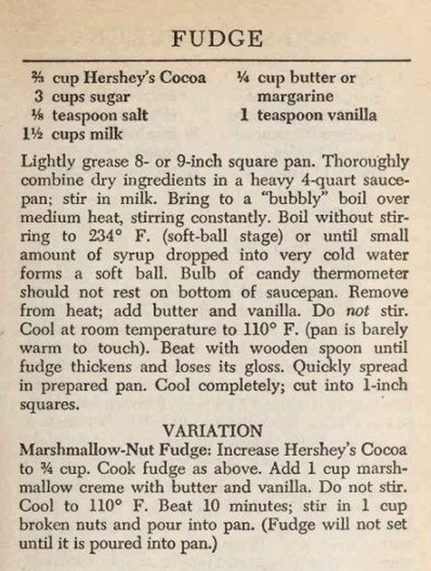 Vintage Hershey's cocoa fudge recipe 1979