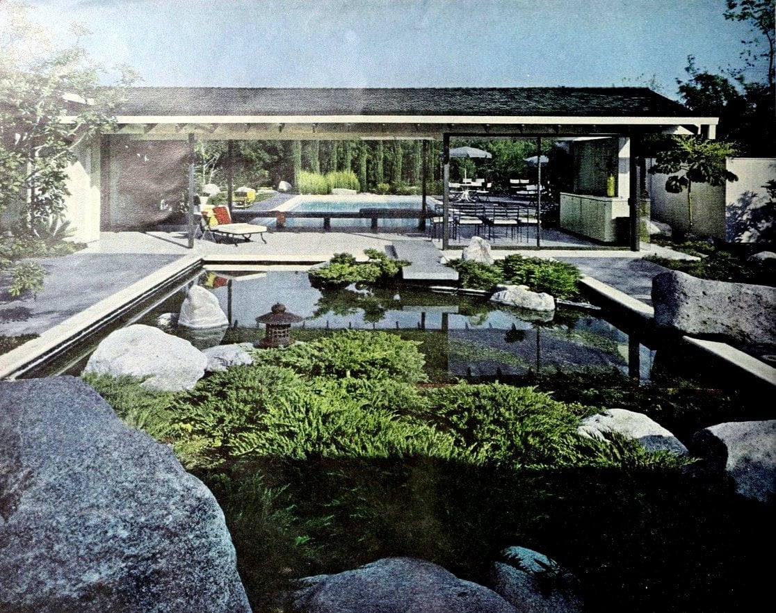 Water garden in foreground, swimming pool in the back