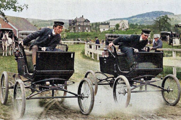 Whipple and Clinton racing Locomobiles (1900) - Colorized