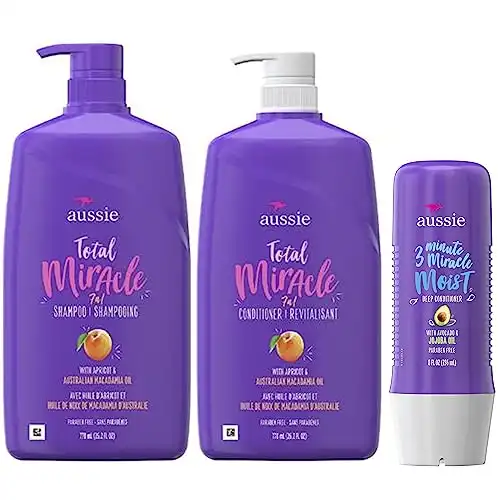 Aussie Total Miracle Shampoo, Conditioner and 3 Minute Miracle Deep Conditioner Hair Treatment Bundle, Infused with Apricot and Australian Macadamia Oil, Paraben Free